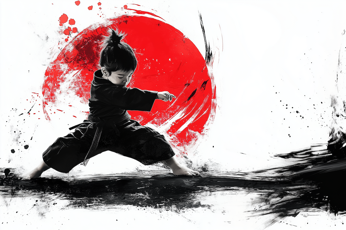 A Japanese-style artwork of a young child in a black karate uniform performing a kata. The child is set against a bold red sun with dynamic black brushstrokes, symbolizing focus and discipline in martial arts.