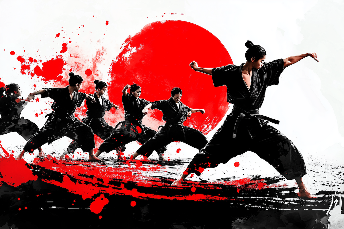 A Japanese-style artwork featuring a group of karate students in black uniforms practicing synchronized kata. The students are positioned against a bold red sun and dynamic black brushstrokes, symbolizing discipline, focus, and the spirit of martial arts.